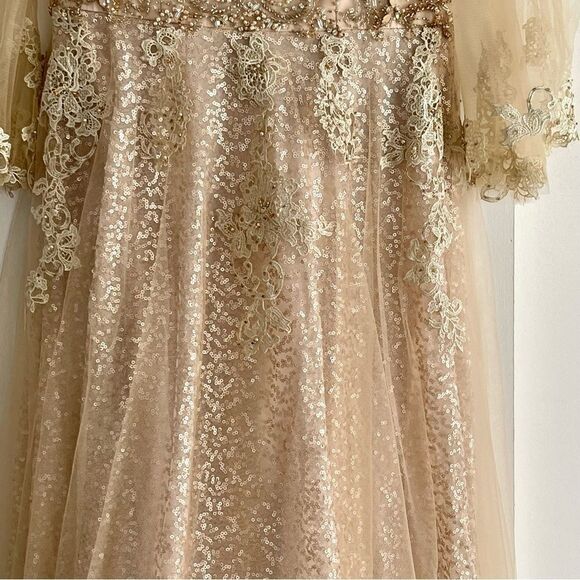 Val Stefani V-Cut Tulle Overlay Sleeve Sequin Bead Lace Embellished Gown Dress - Picture 14 of 17